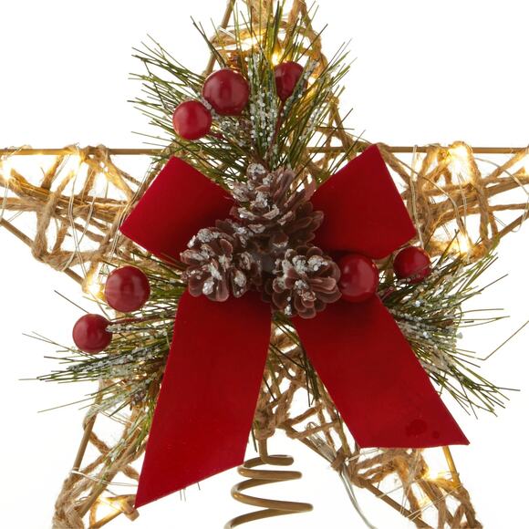 Woven Star Holly Berry Bow Lit Christmas Tree Topper 10" LED 5-Pt Holiday Red - Picture 3 of 10